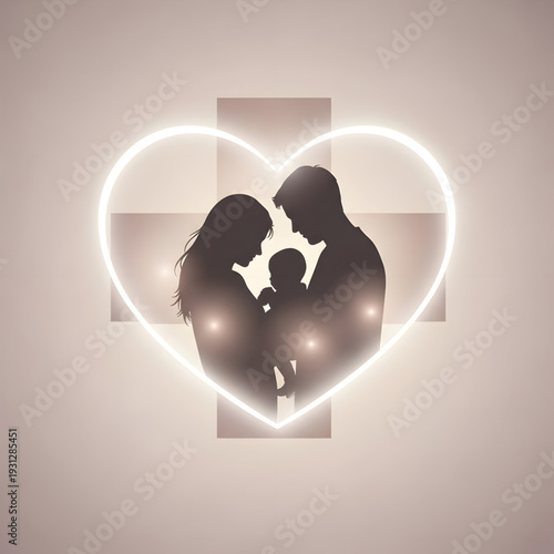 Family Silhouette Inside Glowing Heart with Medical Cross – Healthcare and Protection Concept