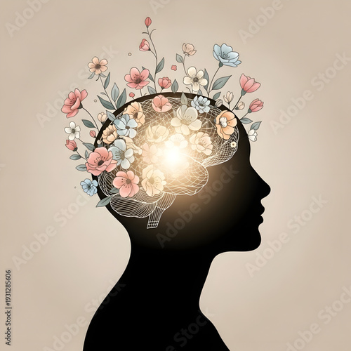 Human Brain with Blooming Flowers – Mental Health and Mindfulness Concept