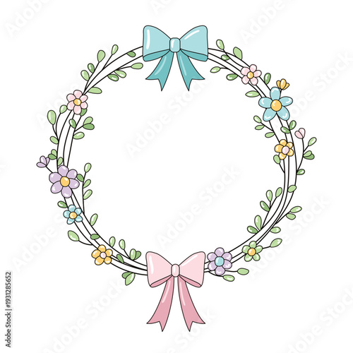 Delicate spring floral wreath with cute pink and blue bows