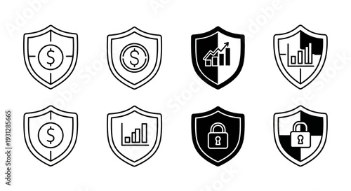 Outline and solid shield icons showing dollar coin target lock growth chart and security pattern