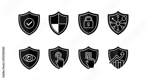 Security shield icons with check mark cross lock network eye finger touch and growth chart graph
