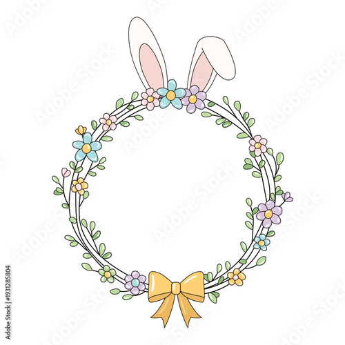 Spring floral wreath with cute bunny ears and yellow bow