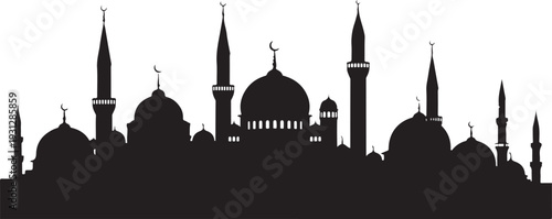 A black silhouette of a mosque with minarets and domes