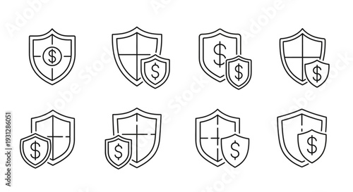 Set of financial shield protection line icons, dollar money security and banking safety symbols