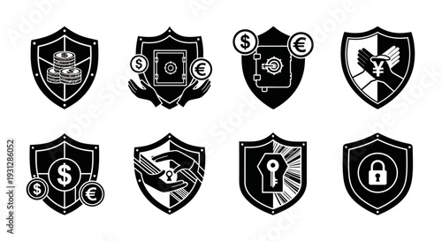 Set of black and white shield icons representing financial security and money protection concepts