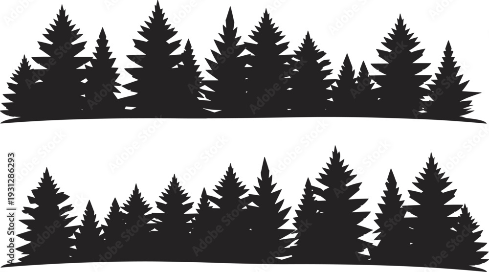 Fototapeta premium Set of black silhouettes of pine forest horizons, evergreen tree line elements for nature landscape design