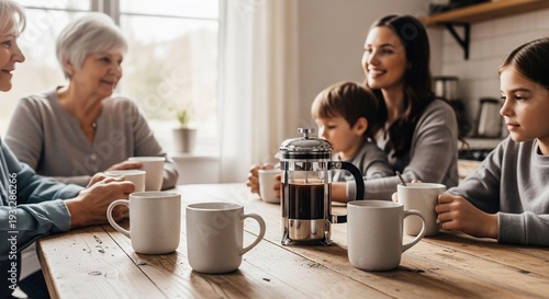 Multi-Generational Family Gathering Around Rustic Table with Coffee Press and Mugs