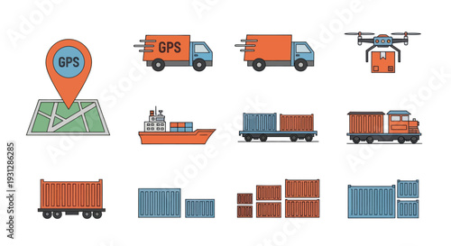A comprehensive set of flat design icons representing global logistics freight transport and package delivery.