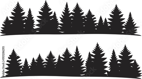 Set of black silhouettes of pine forest horizons, evergreen tree line elements for nature landscape design