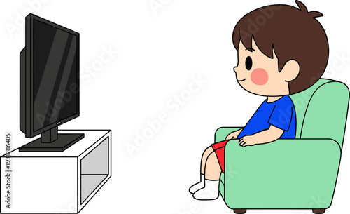 Cute Child Watching TV on a Green Armchair in Living Room Setting