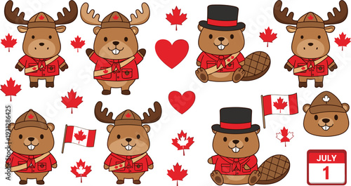 Canadian-Themed Animals in Red Uniforms with Maple Leafs and Flags for Canada Day Celebrations