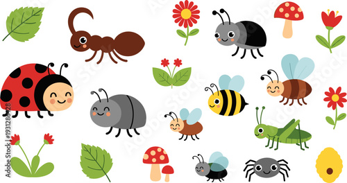 Cute Garden Insects and Flowers Set with Ladybug, Ant, Bee, Grasshopper, and Mushrooms for Kids