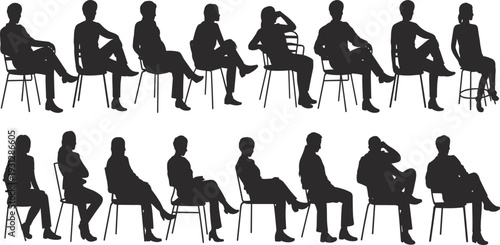 Set of black silhouettes of people sitting in chairs, diverse men and women audience poses