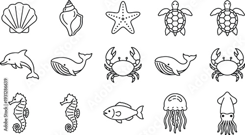 Set of 16 sea creatures icons vector
