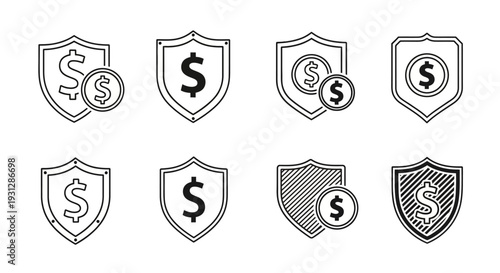 Set of black line dollar shield icons representing financial security and investment protection for business