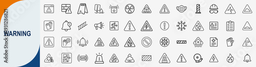 Warning and safety icons set, outline symbols for hazard alert attention sign industrial caution and emergency notification vector illustration