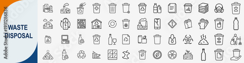 Waste disposal and recycling icons set, outline symbols for garbage management trash bins pollution control and environmental protection vector illustration