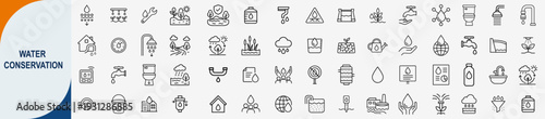 Water conservation and environmental protection icons set, outline symbols for saving water sustainability ecology and plumbing vector illustration