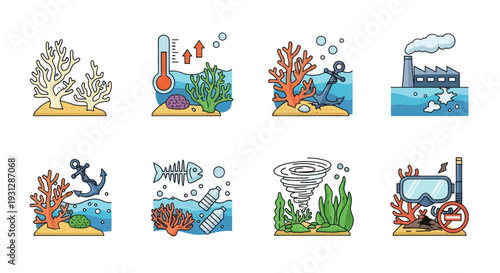 Set of Environmental Issues Icons: Coral Bleaching Pollution and Climate Change.