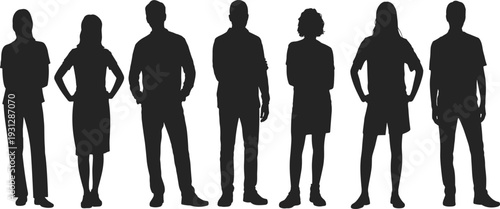 Set of black silhouettes of people standing, group of diverse men and women in various poses