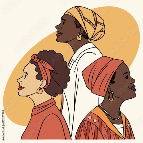 Three diverse women wearing headscarves and elegant clothing look forward confidently together, representing unity and strength in togetherness, cultural diversity, and empowerment