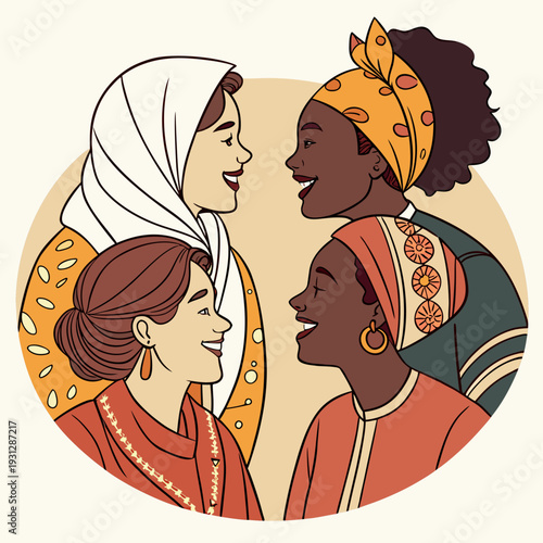 Four diverse women in conversation, smiling warmly, symbolizing friendship, connection, and diverse backgrounds coming together in a joyful meeting