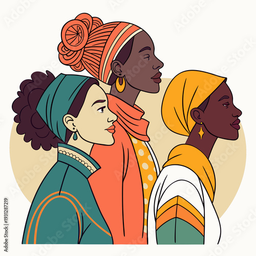 Group of diverse women with vibrant headscarves and outfits stand together, showcasing unity, friendship, and cultural richness in this stylized illustration