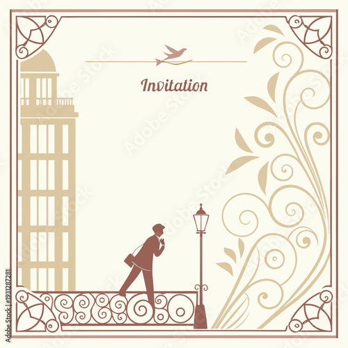 Man walking on bridge near lamppost by ornate building in vintage invitation design elements with bird flying above text invitation