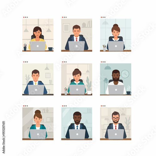 Diverse group of business professionals engaged in virtual video conference calls, collaborating remotely from their individual home offices