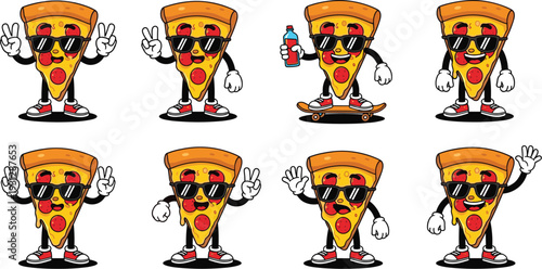 Cool pizza slice mascot characters with sunglasses skateboard peace gesture and drink fast food cartoon vector set