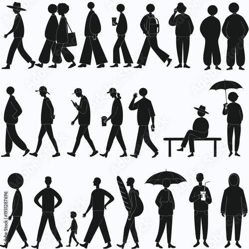 Silhouettes of people walking and standing vector illustration set