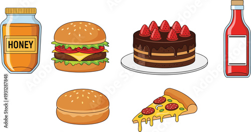 Fast food and dessert collection with burger pizza cake honey jar and ketchup bottle vector illustration set