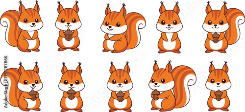 Cute squirrel cartoon collection with acorn different poses forest woodland animal kawaii vector illustration set