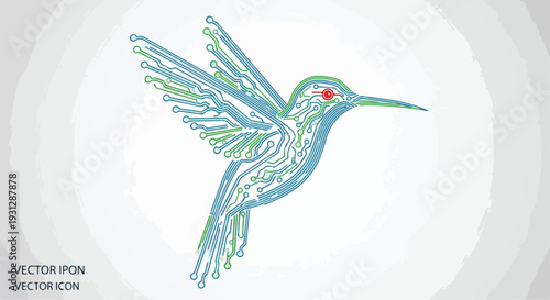 Digital Hummingbird Illustration with Circuit Board Pattern and Bionic Technology Concept featuring "VECTOR ICON" Text