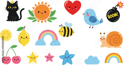 Cute cartoon doodle elements set with sun rainbow bee snail bird heart and bomb colorful vector illustration collection