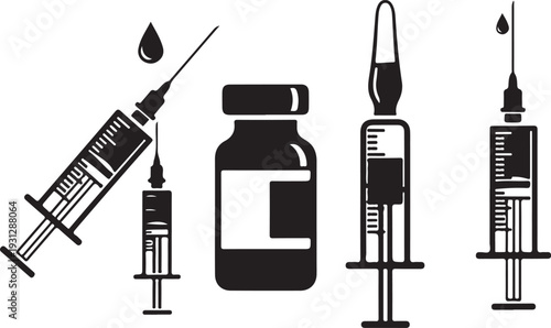 Black and white of medical syringes vials and a drop of liquid needle healthcare injection