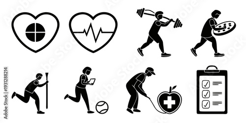 Icons representing various aspects of health, fitness, and medical care
