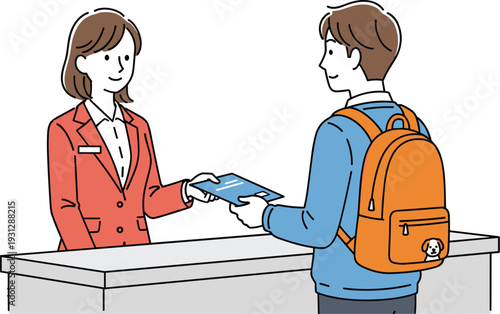 Hotel reception check in concept with guest and receptionist handing passport travel service vector illustration