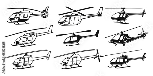 A collection of various helicopters and their detailed illustrations