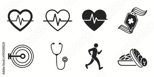 Icons representing various aspects of health and medical care.