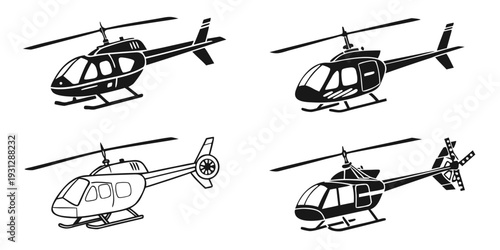 Five different types of helicopters illustrated in a black and white line drawing