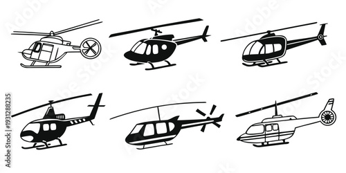 Variety of helicopters illustrated in black and white line art style
