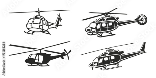 Four different types of helicopters depicted in a simple line drawing style
