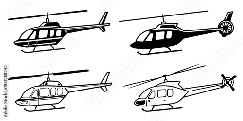 Five different types of helicopters flying in the sky with no passengers.