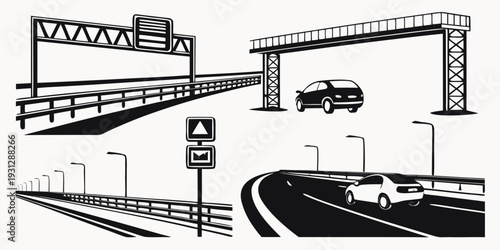 Highway infrastructure with signs, overpass, and vehicles in various conditions