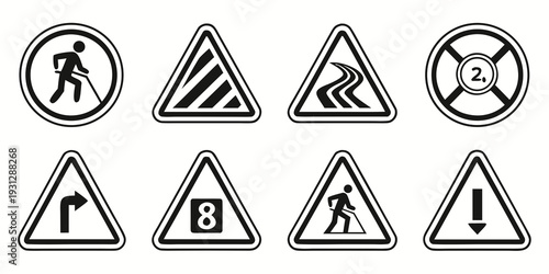 Collection of various road signs and symbols for pedestrian safety and traffic regulations