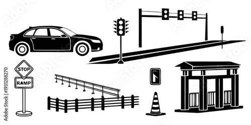 A detailed illustration of various road signs and traffic lights on a city street