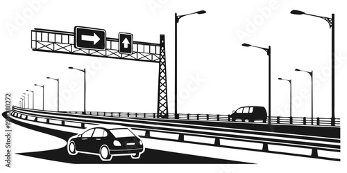 A detailed illustration of a highway with multiple lanes and various vehicles.