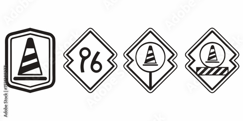 Set of four road signs indicating construction and detour ahead