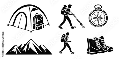 Illustrations of camping and hiking equipment and activities
